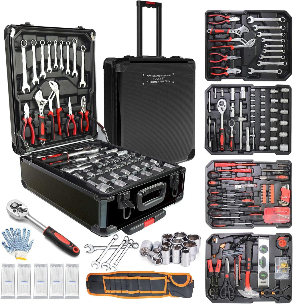 Arcwares 799pcs Aluminum Trolley Case Tool Set Silver, House Repair Kit Set, Household Hand Tool Set, with Tool Belt,Gift on Father's Day (Black)