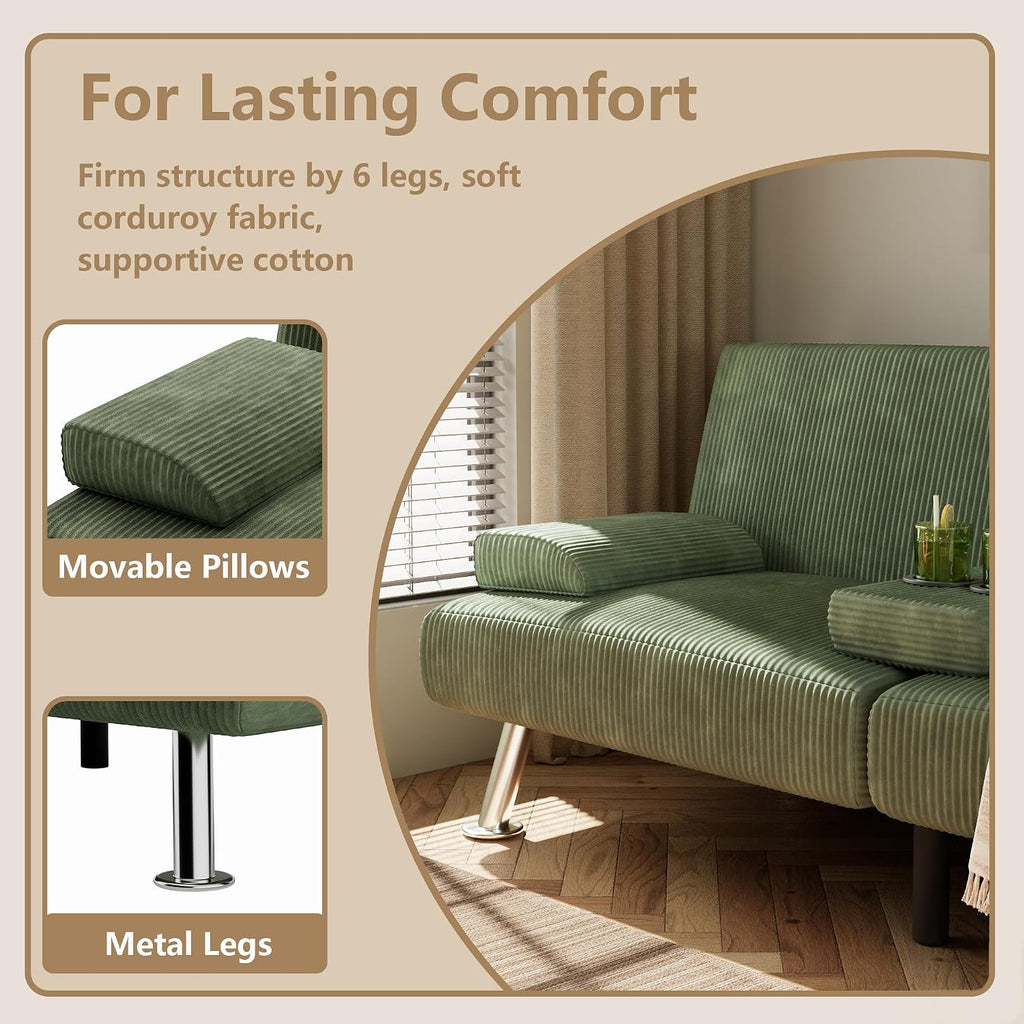 Flamaker Futon Sofa Bed Corduroy Folding Couch Adjustable Sleeper Sofa Bed for Small Apartment Upholstered Living Room Furniture Set with 2 Cup Holders Removable Armrests (Corduroy, Green)