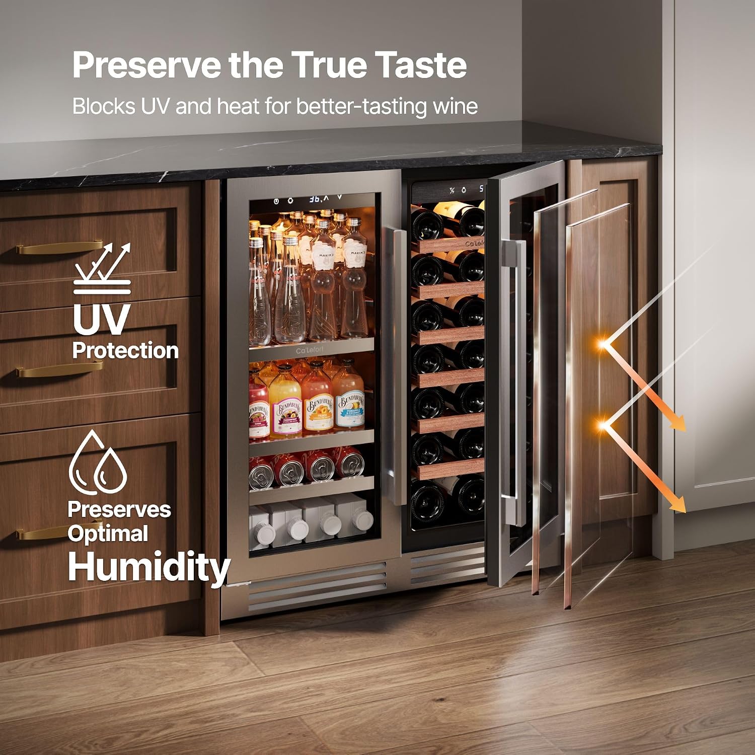 Ca'Lefort 30 Inch Wine and Beverage Refrigerator, Dual Zone 36-72°F Temp Control, Holds 80 Can & 33 Bottle, Adjustable Shelves & 3 LED Light, Built-in Under Counter Freestanding for Home/Kitchen/Bar