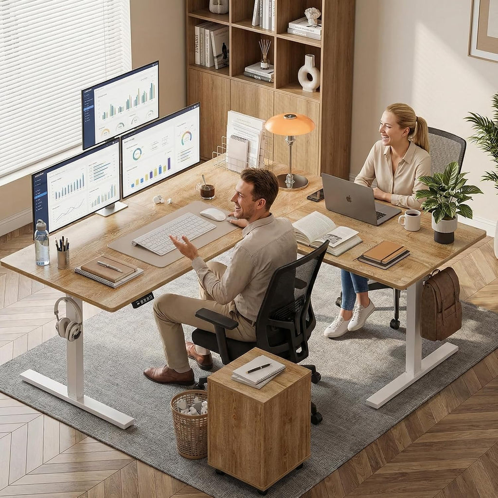 Grandder 63 x 55 Inch L Shaped Standing Desk, Electric Height Adjustable Corner Stand Up Desk, Sit Stand Corner Table Home Office Table, Oak Top White Frame