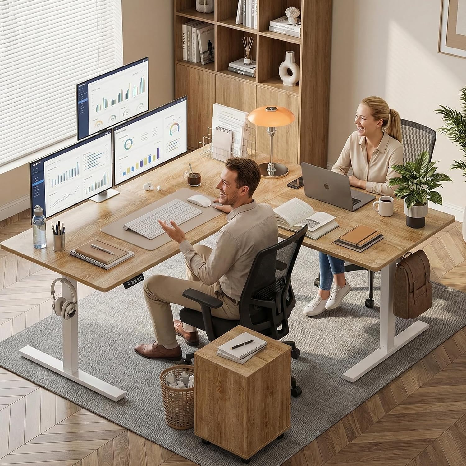 Grandder 63 x 55 Inch L Shaped Standing Desk, Electric Height Adjustable Corner Stand Up Desk, Sit Stand Corner Table Home Office Table, Oak Top White Frame