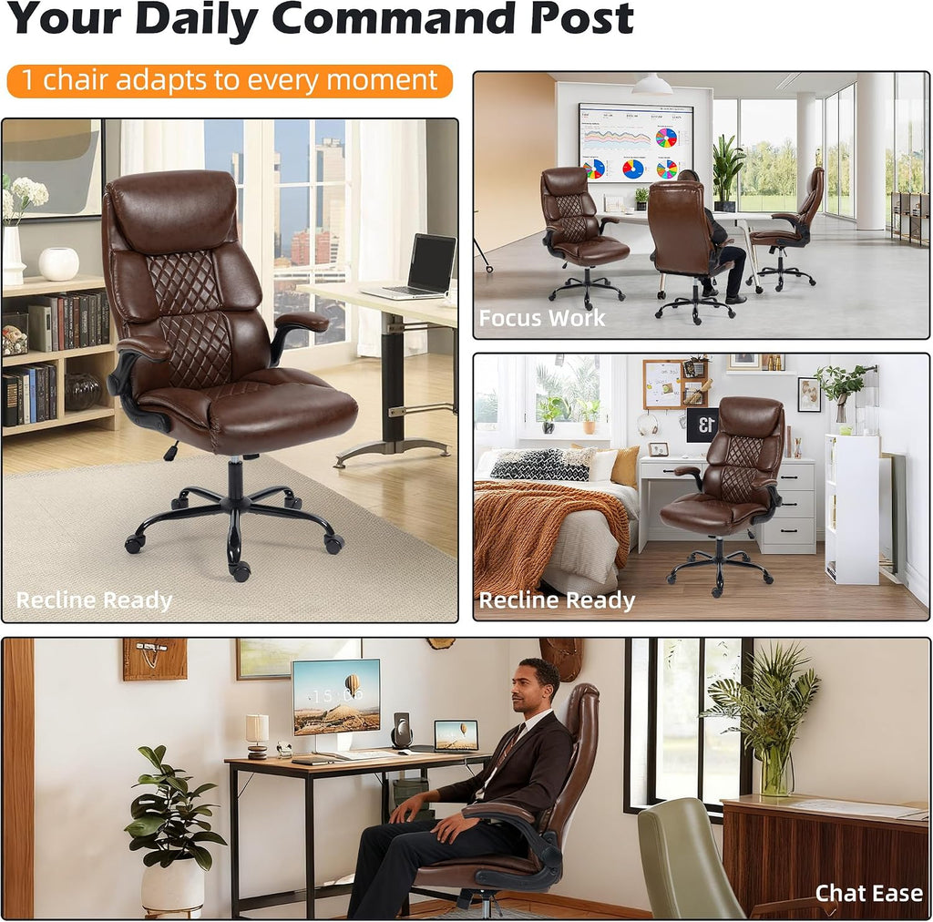 Office Chair - Ergonomic High Back Computer Desk Chair with Rocking Function & Lumbar Support - Executive Comfortable Wide Swivel Rolling Office Leather Chair with Flip-up Armrests for Home Gaming