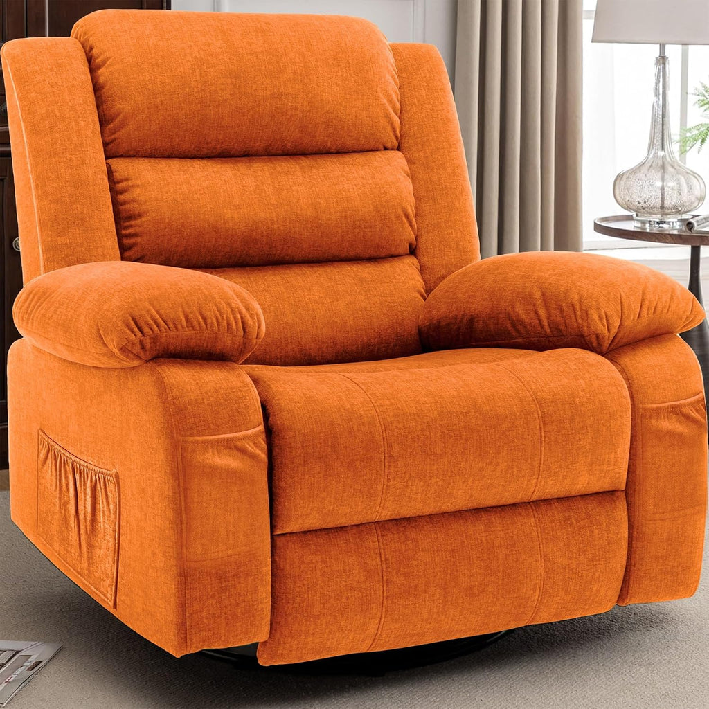 Korser Recliner Chair, Wide Rocker Chair, Rocking Chair with Massage and Heat,360°Swivel Nursery Rocking Chairs, Oversized Recliner for Adults, Cashmere Reclining Sofa for Living Room, Orange