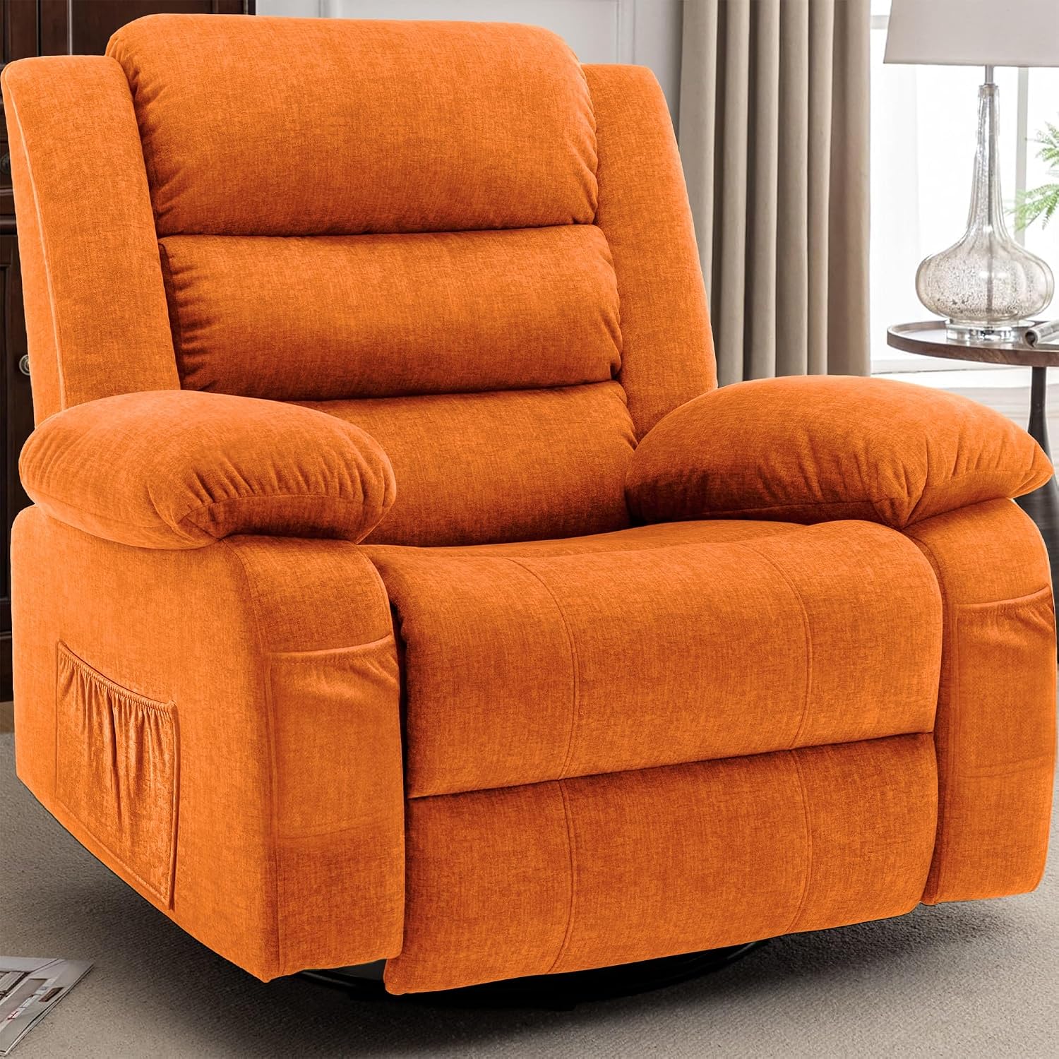 Korser Recliner Chair, Wide Rocker Chair, Rocking Chair with Massage and Heat,360°Swivel Nursery Rocking Chairs, Oversized Recliner for Adults, Cashmere Reclining Sofa for Living Room, Orange