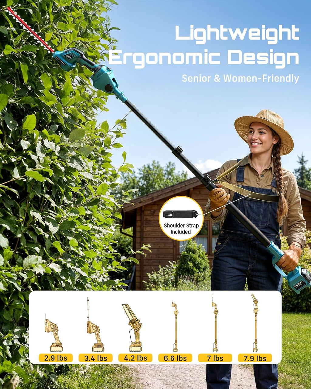 SEESII 6-in-1 Cordless Pole Saw & Hedge Trimmer Combo, Electric Mini Chainsaw with 2×4.0 Ah Batteries, Extendable Tree Pruner, Bush Trimmer Limb Branch Cutter, Grass Shears, 15Ft Long Reach