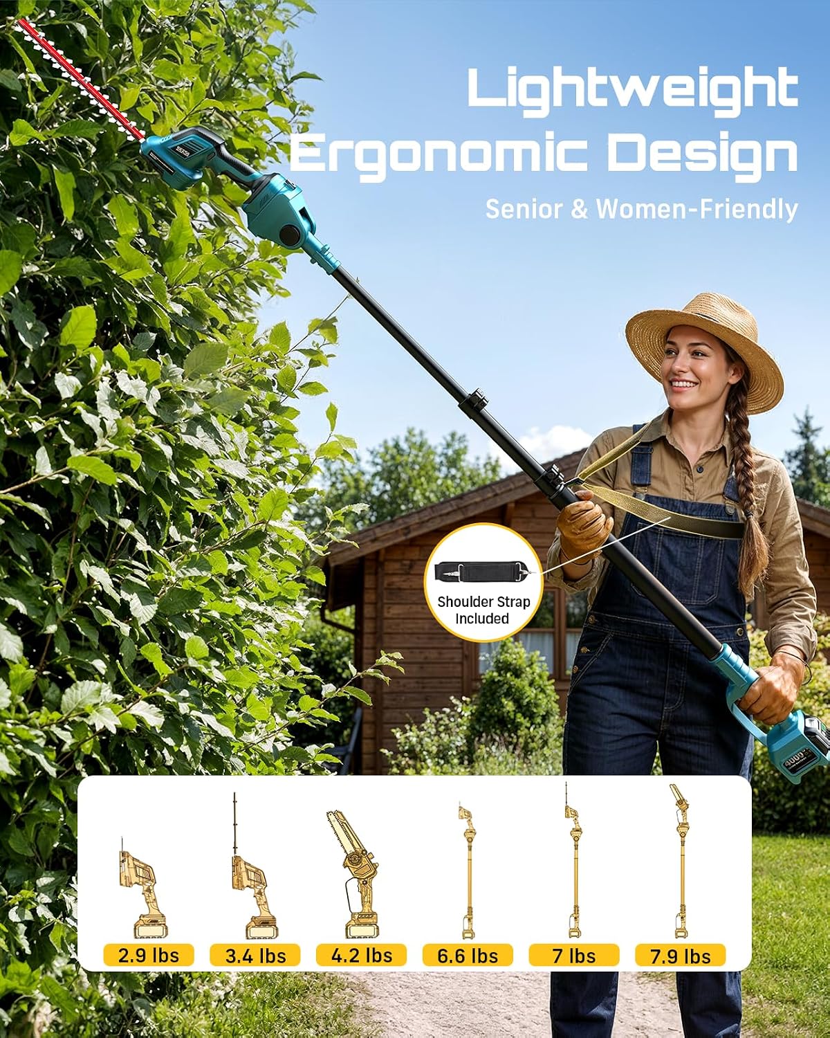 SEESII 6-in-1 Cordless Pole Saw & Hedge Trimmer Combo, Electric Mini Chainsaw with 2×4.0 Ah Batteries, Extendable Tree Pruner, Bush Trimmer Limb Branch Cutter, Grass Shears, 15Ft Long Reach
