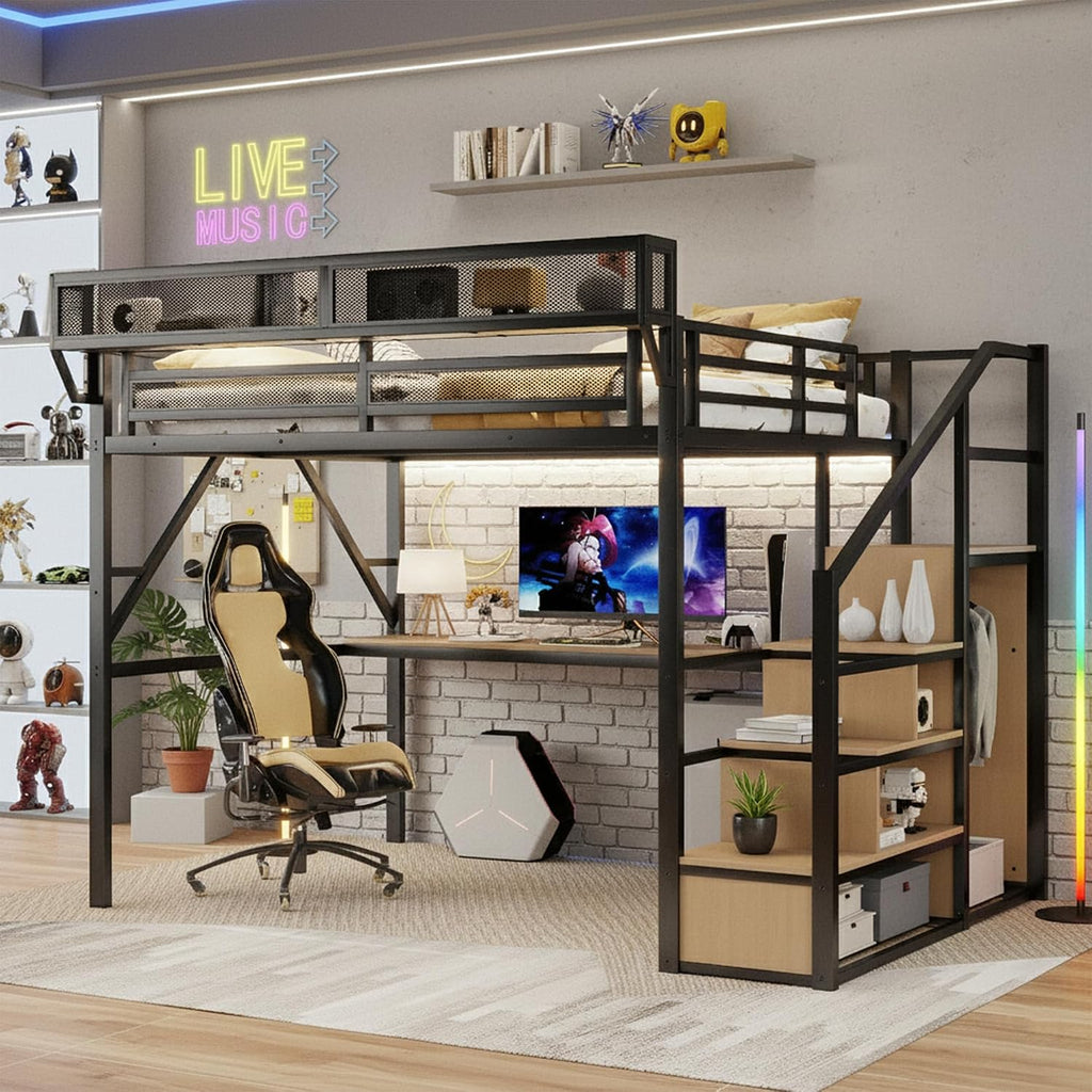 Queen Loft Bed with Desk, Stairs and Charging Station, Metal High Gaming Loft Bed Queen Frame with Storage Shelves, RGB Light & Closet, Heavy-Duty Beds for Adults,Teens, Kids, Black