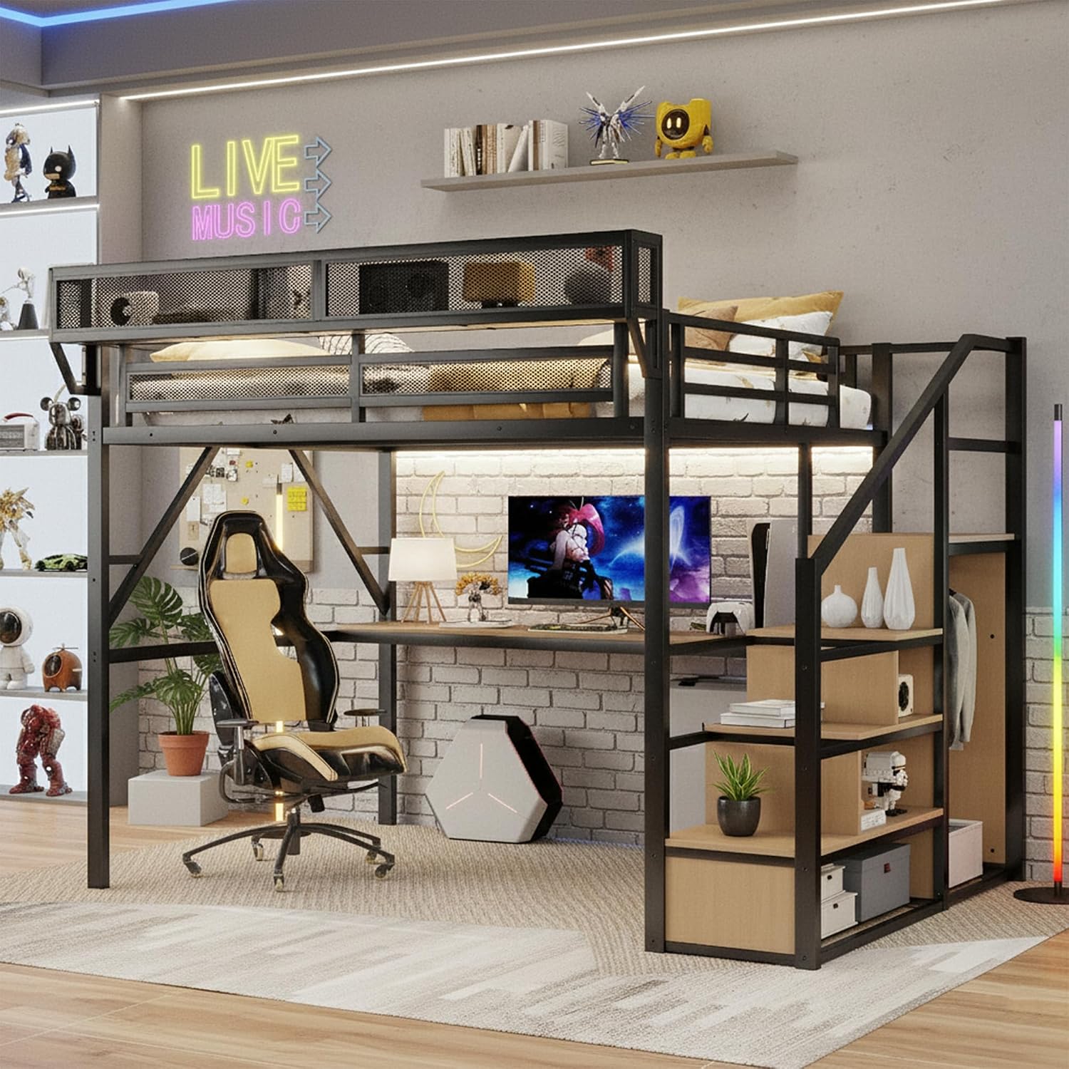 Queen Loft Bed with Desk, Stairs and Charging Station, Metal High Gaming Loft Bed Queen Frame with Storage Shelves, RGB Light & Closet, Heavy-Duty Beds for Adults,Teens, Kids, Black