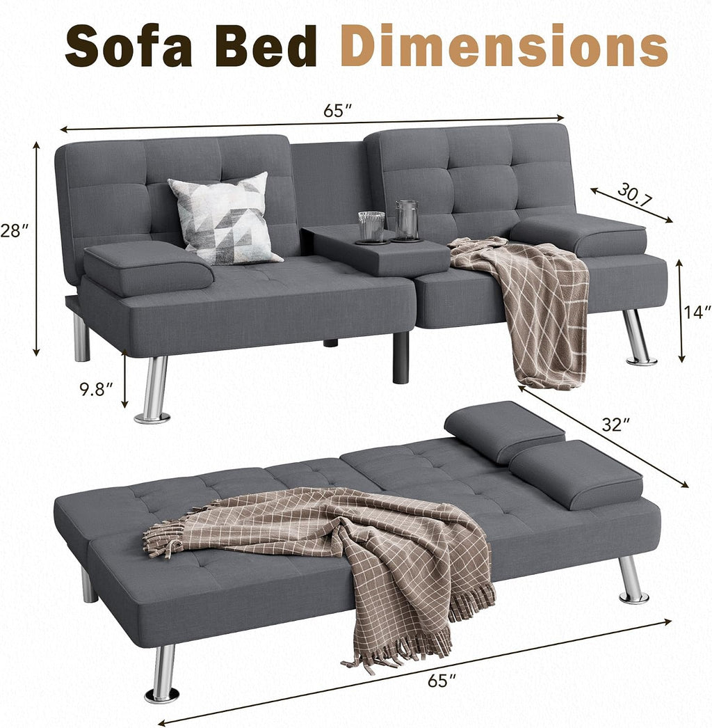 Shahoo Modern Linen Upholstered Convertible Folding Futon Sofa Bed with Removable Armrests, Metal Legs, 2 Cup Holders for Living Room, Dark Grey