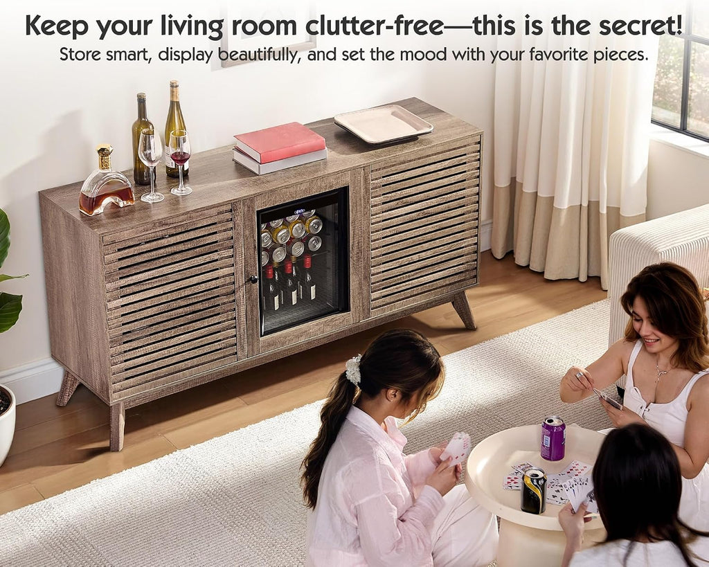 LUXOAK 60' Farmhouse Wine Bar Cabinet with Beverage Fridge (Included), Coffee Bar Cabinet with Drawer Storage, Sideboard Cabinet, Mini Fridge Cabinet for Dining Room, Living Room - Grey