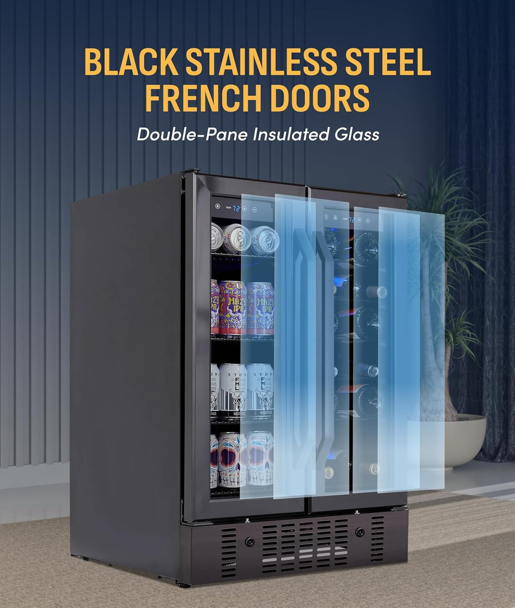 NewAir 24' Dual Zone Beverage Refrigerator & Wine Cooler for 18 Bottles & 58 Cans | Freestanding or Built-In Under Counter Mini Fridge for Beer, Wine and Soda | Black Stainless Steel