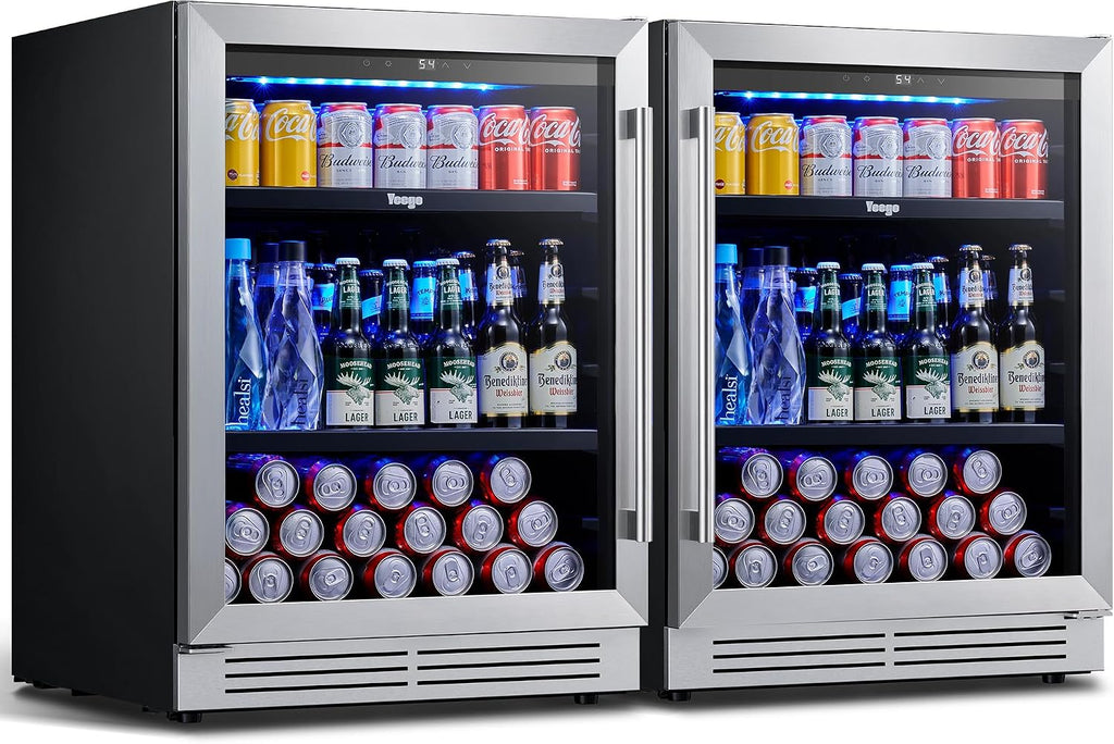Yeego 24-Inch Built-In Beverage Refrigerator (2 Pack) Spacious Drink Cooler with Glass Door, Auto Defrost Beverage & Wine Fridge for Cans and Bottles, Suitable for Under-Counter or Freestanding Use