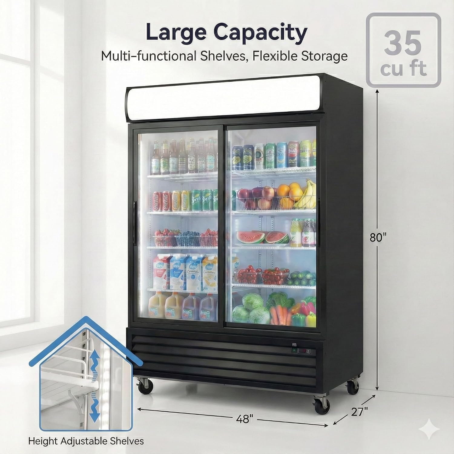 Commercial Refrigerator Glass 2-Door Sliding Door Merchandiser Display Cooler Beverage Fridge Drink cooler NSF Certified, 48 inches width, capacity 40 cuft 110V, Restaurant Kitchen Cafe LCG-1000BFS