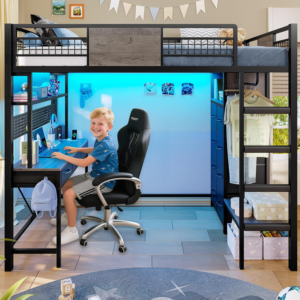 ADORNEVE Loft Bed Twin Size with Desk, 11 Storage Drawers, Metal Kids Loft with RGB Lights, Charging Station, Shelves & Clothing Rack, 13.4' H Safety Guard & Paded Ladder, Black & Grey