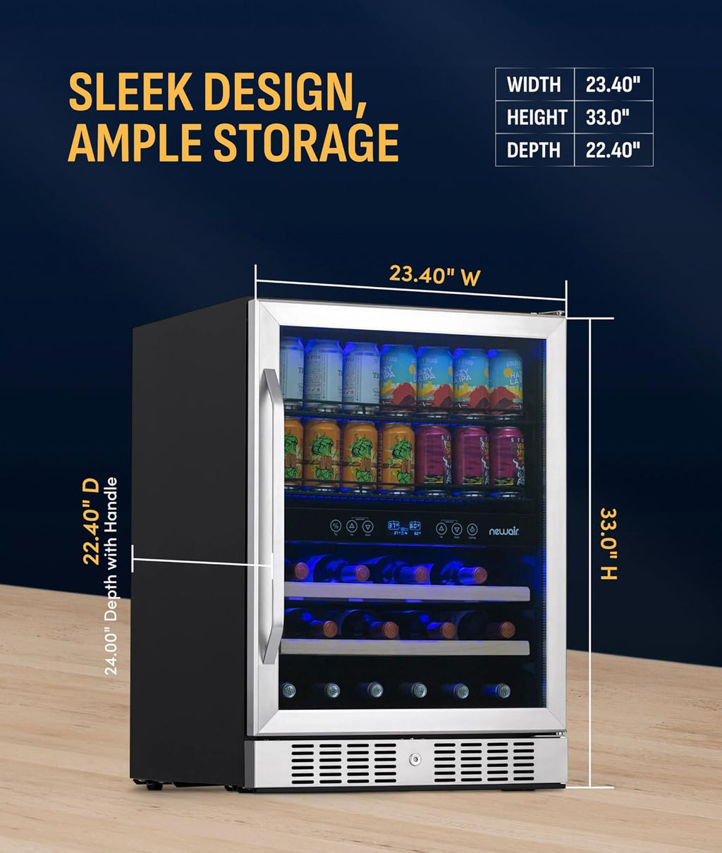 NewAir 24' Dual Zone Beverage Refrigerator & Wine Cooler for 20 Bottles & 70 Cans | Freestanding or Built-In Under Counter Mini Fridge for Beer, Wine and Soda | Stainless Steel