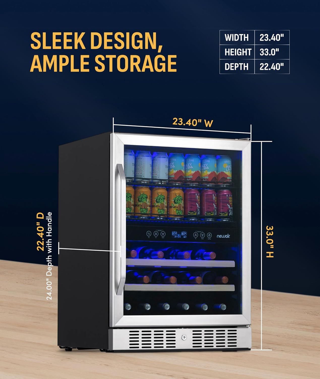 NewAir 24' Dual Zone Beverage Refrigerator & Wine Cooler for 20 Bottles & 70 Cans | Freestanding or Built-In Under Counter Mini Fridge for Beer, Wine and Soda | Stainless Steel