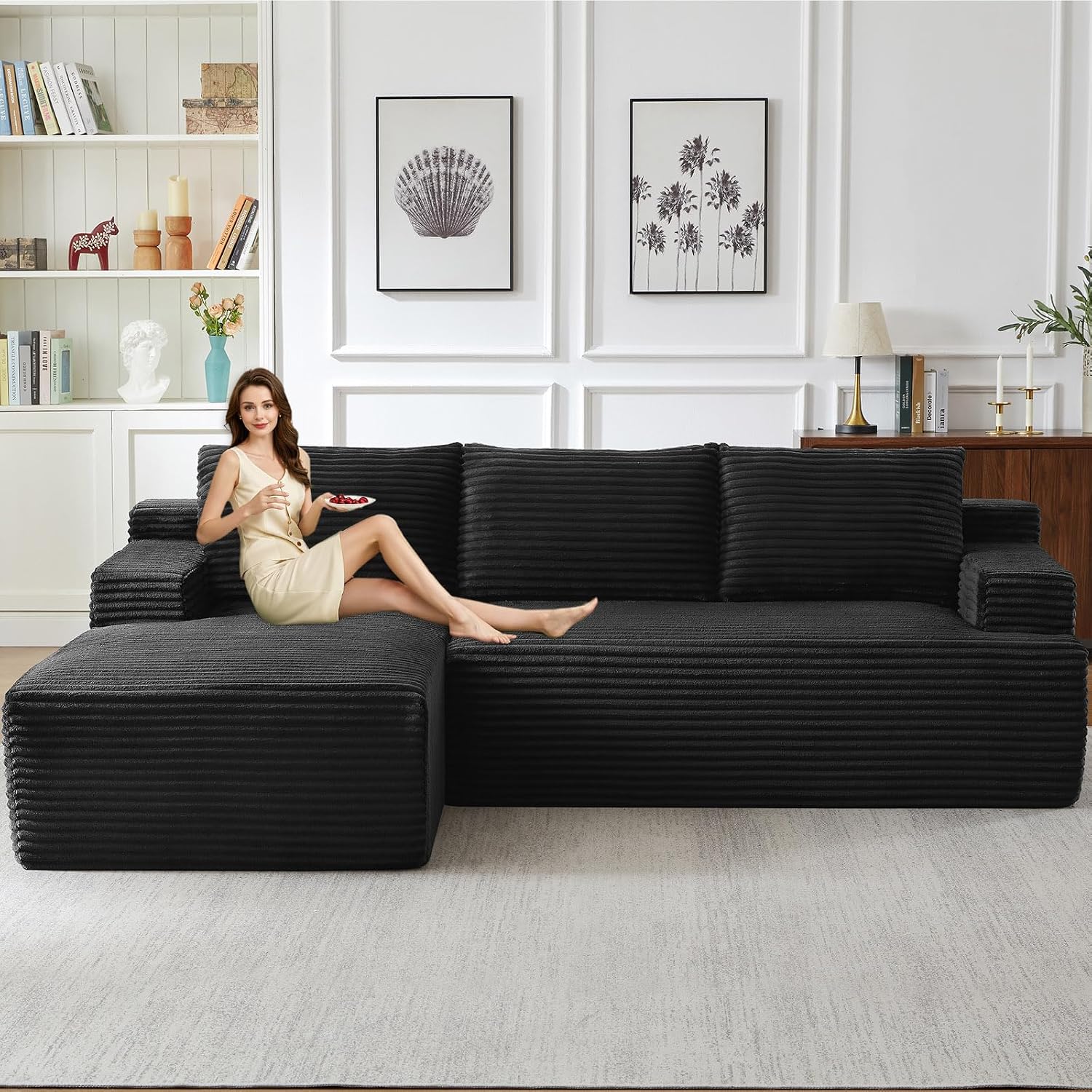 96' Modular Sectional Sofa Couches L-Shape Couch 3 Seat Modular Sofa Corduroy Memory Foam Sectional Boneless Couches for Living Room, Cloud Couch with Oversized Chaise(Black, Left Facing)