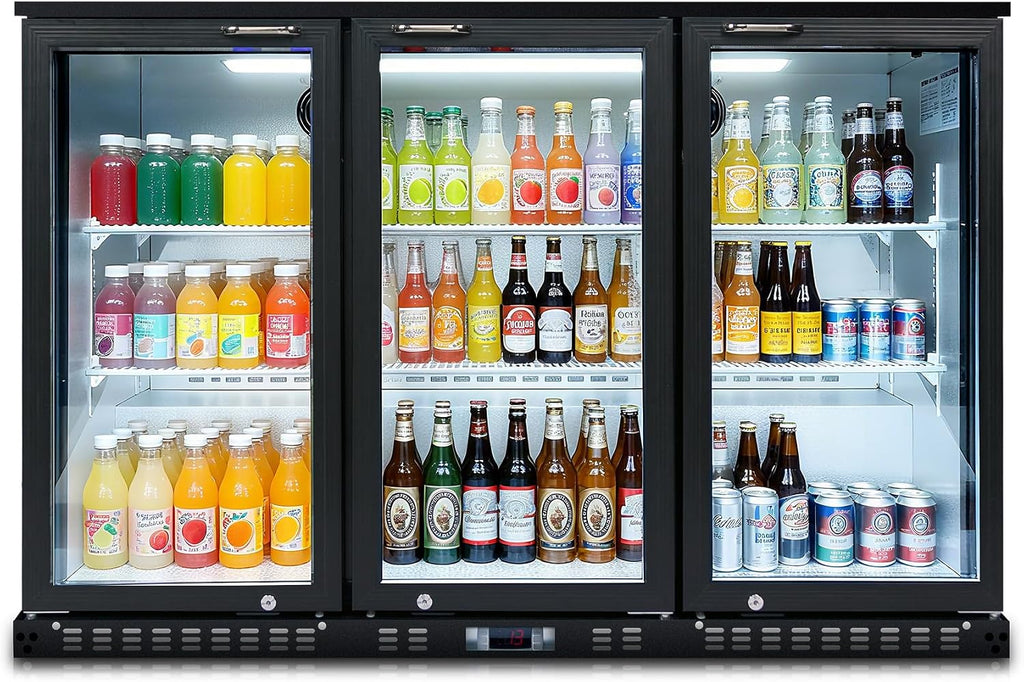 DeepTide Back Bar Cooler with 3 Swing Glass Door - 11.3 Cu.Ft Beverage Refrigerator with Adjustable Shelves,LED Lighting, Safety Lock for Beer，Coffee or Beverages