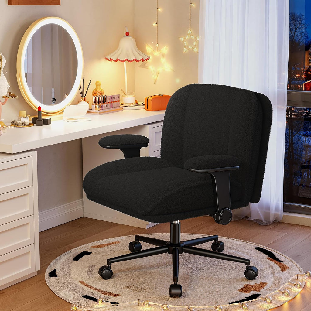 DurayLoly Criss Cross Chair with Wheels,Flip Up Arms,Wide Seat,Teddy Fleece,Adjustable Height,Cross Legged Desk Chair for Bedroom,Dorm,Home Office,Black