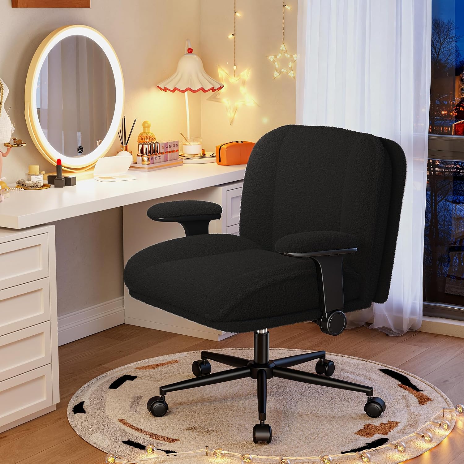 DurayLoly Criss Cross Chair with Wheels,Flip Up Arms,Wide Seat,Teddy Fleece,Adjustable Height,Cross Legged Desk Chair for Bedroom,Dorm,Home Office,Black