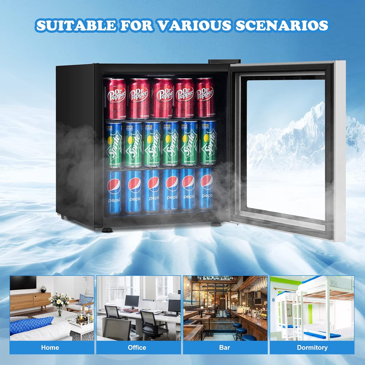 ARLIME Mini Fridge, Drink Cooler, 60 Can, Beverage Refrigerator with Glass Door, Removable Shelves for Soda Beer Wine, Small Drink Refrigerator for Bedroom, Office, Home Kitchen, Bar, 1.6 Cu. Ft.