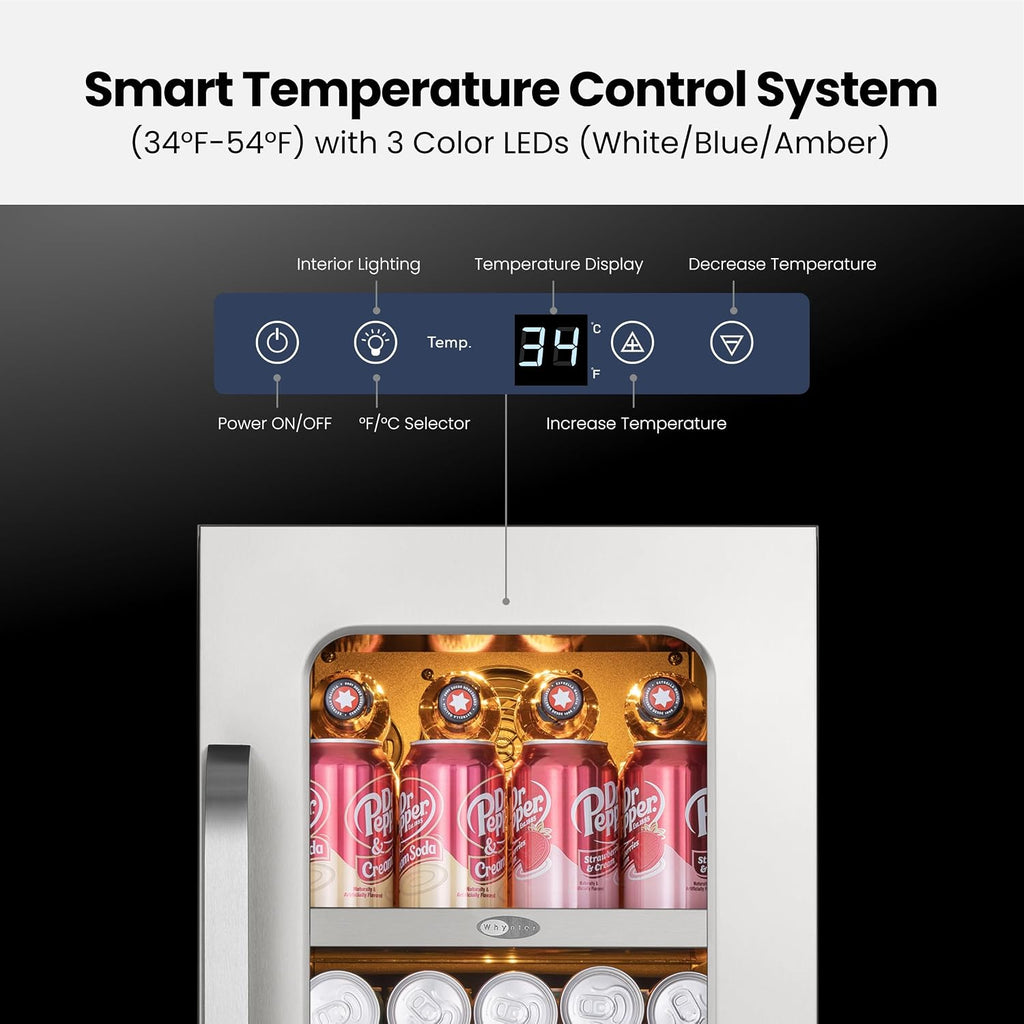 Whynter Beverage Refrigerator 15 inch Drink Fridge with Glass Door Beverage Fridge Cooler 80 Can Under Counter Built in Freestanding Fridge 34-54°F for Soda Beer Home Bar Luxury Series