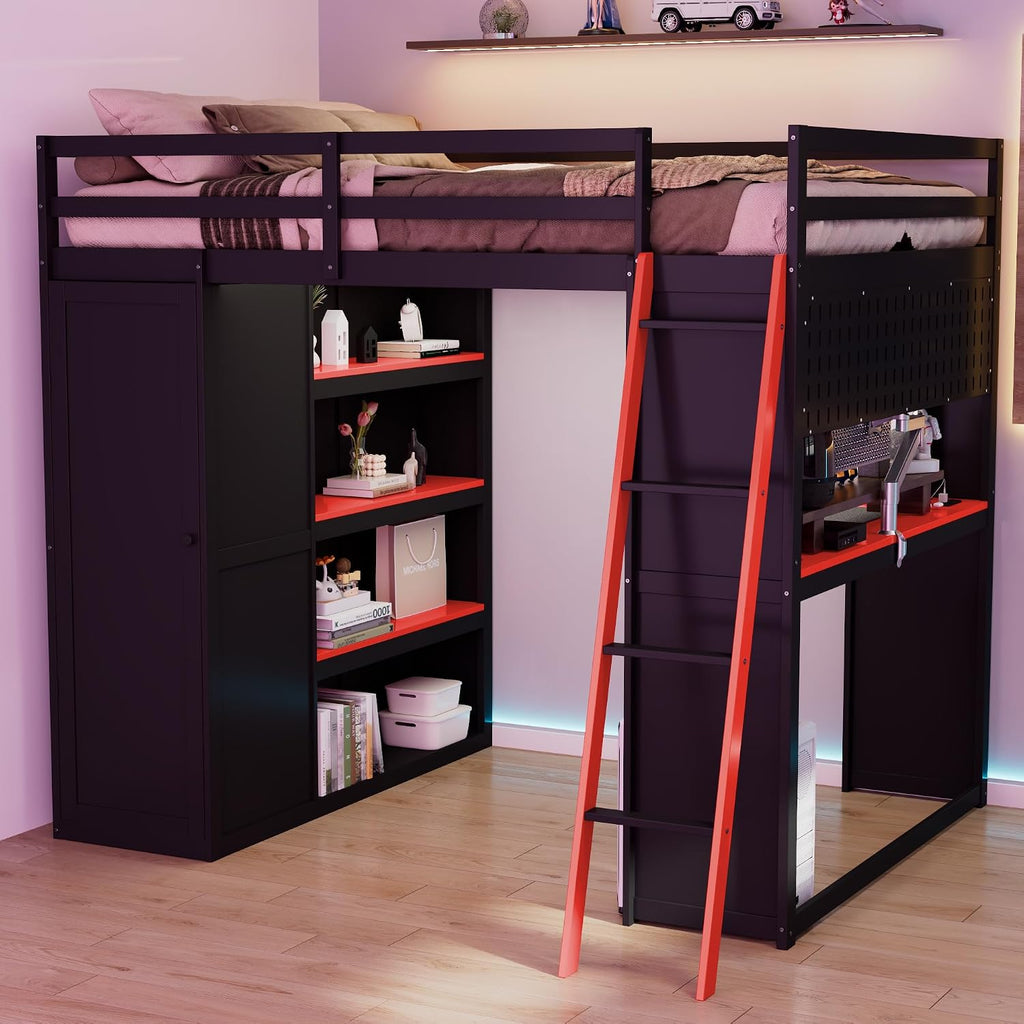 Full Gaming Loft Bed with Wardrobe & Desk & Charging Station & RGB Light,Esports Wood Loft Bed Frame with Storage Shelves,Curtains and DIY Pegboard,Space Saving,No Box Spring Needed,Black Red