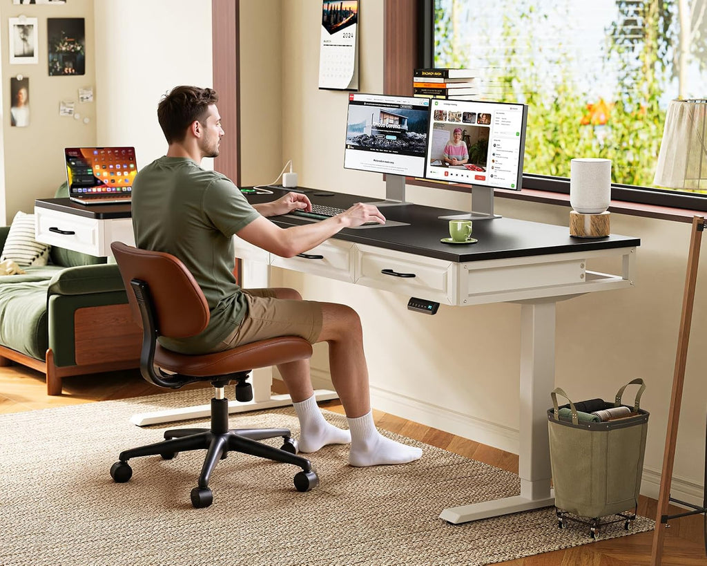 OffiGo L Shaped Electric Standing Desk with Wooden Drawers, 63 Inch Height Adjustable Corner Workstation with Power Outlets, Sit Stand Table for Home, Office, White+Black