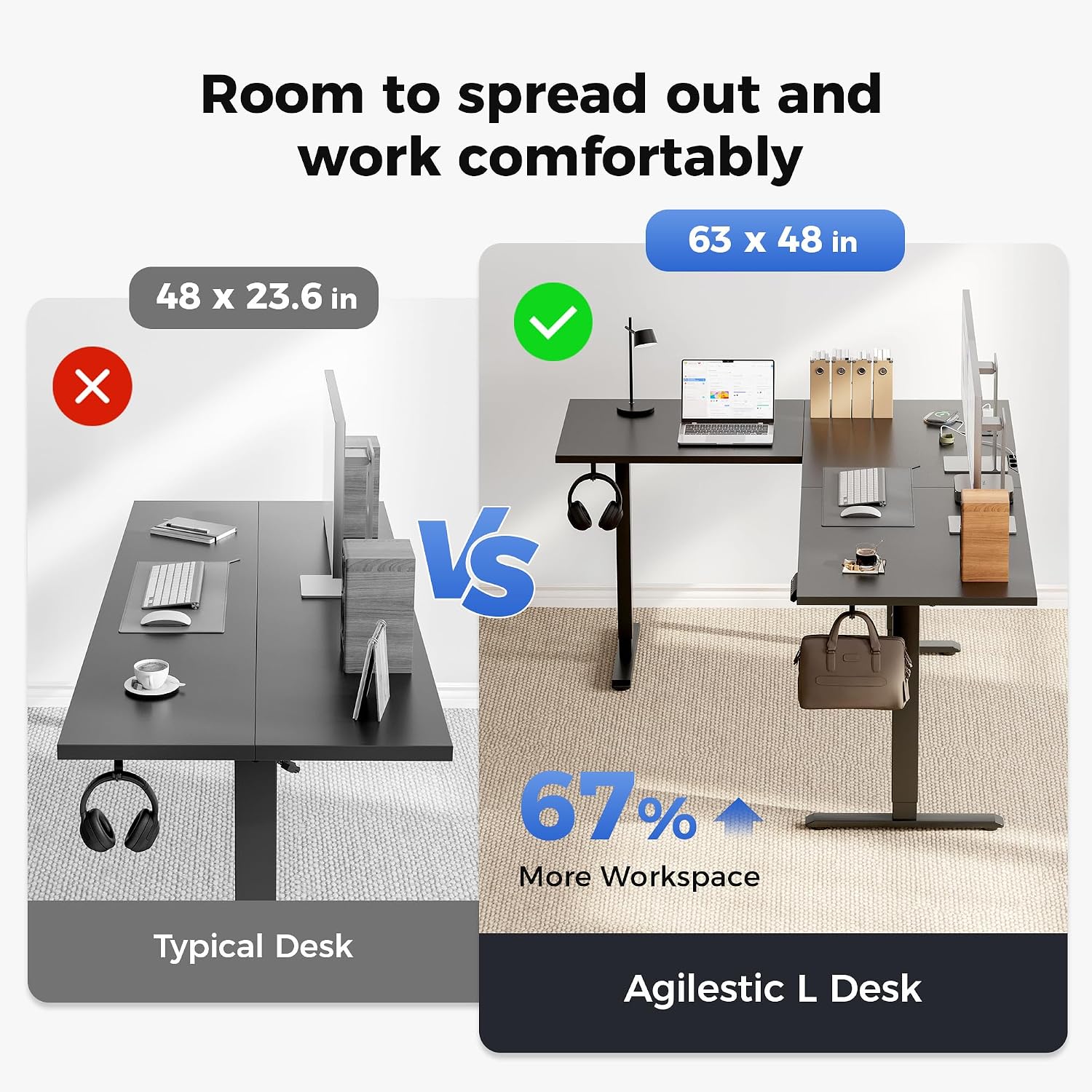 Agilestic Electric L Shaped Standing Desk 63 x 48 Inch with Power Outlet, Height Adjustable Corner Stand up Desk with Cable Management,Sit Stand Home Office Workstation with Splice Board, Black