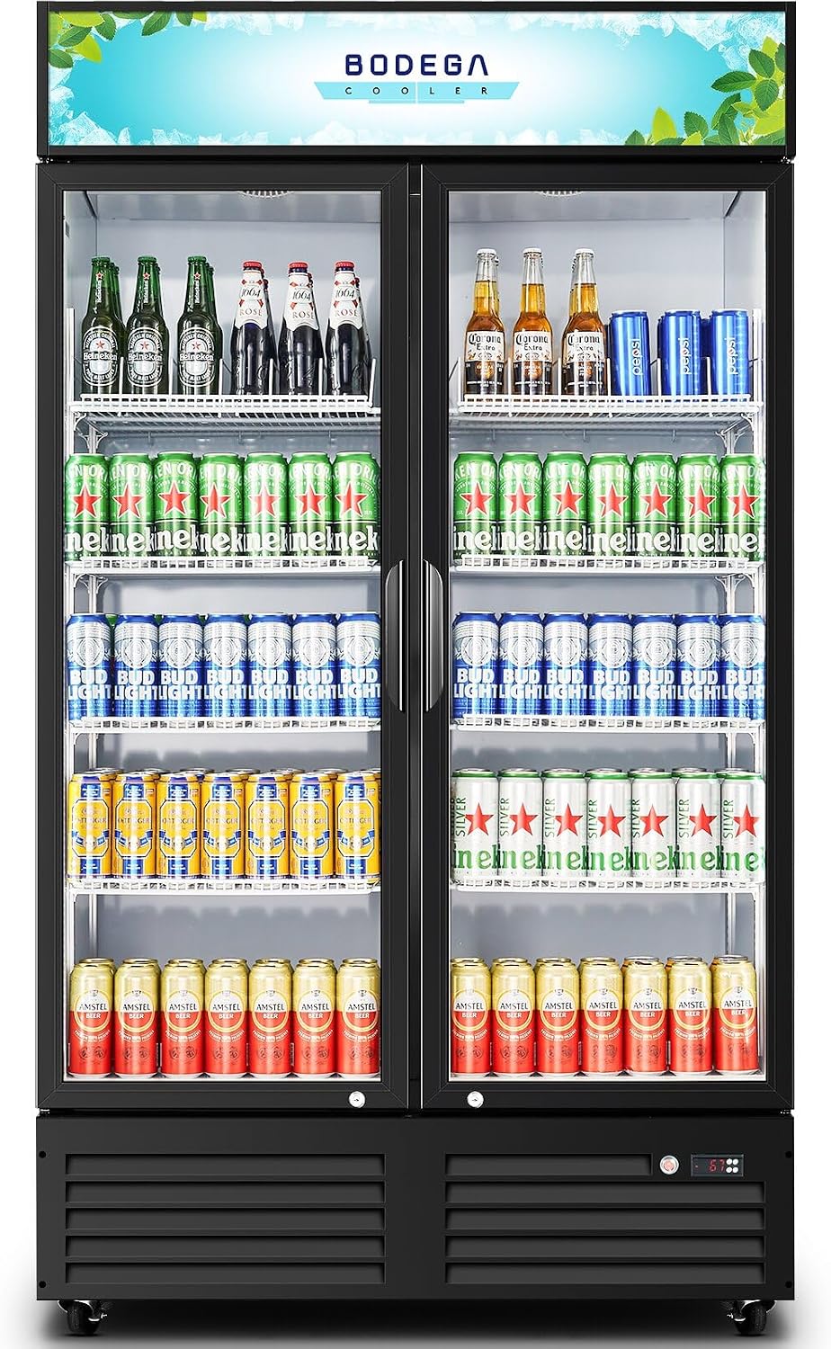 BODEGACOOLER Commercial Merchandiser Refrigerator,2 Glass Door Commercial Beverage Refrigerator, Beverage Display Cooler with Soft LED Light, Adjustable Shelves and 4 Strong Castors, 35.4 Cu. Ft,Black
