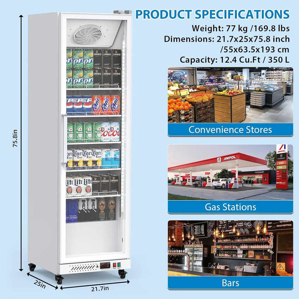 IDEALHOUSE Commercial Refrigerators, 12.4 Cu.Ft Beverage Cooler, Commercial Fridge with Glass Door Display, LED Light Adjustable Shelves Drink Cooler for Restaurant Grocery Store Home, White