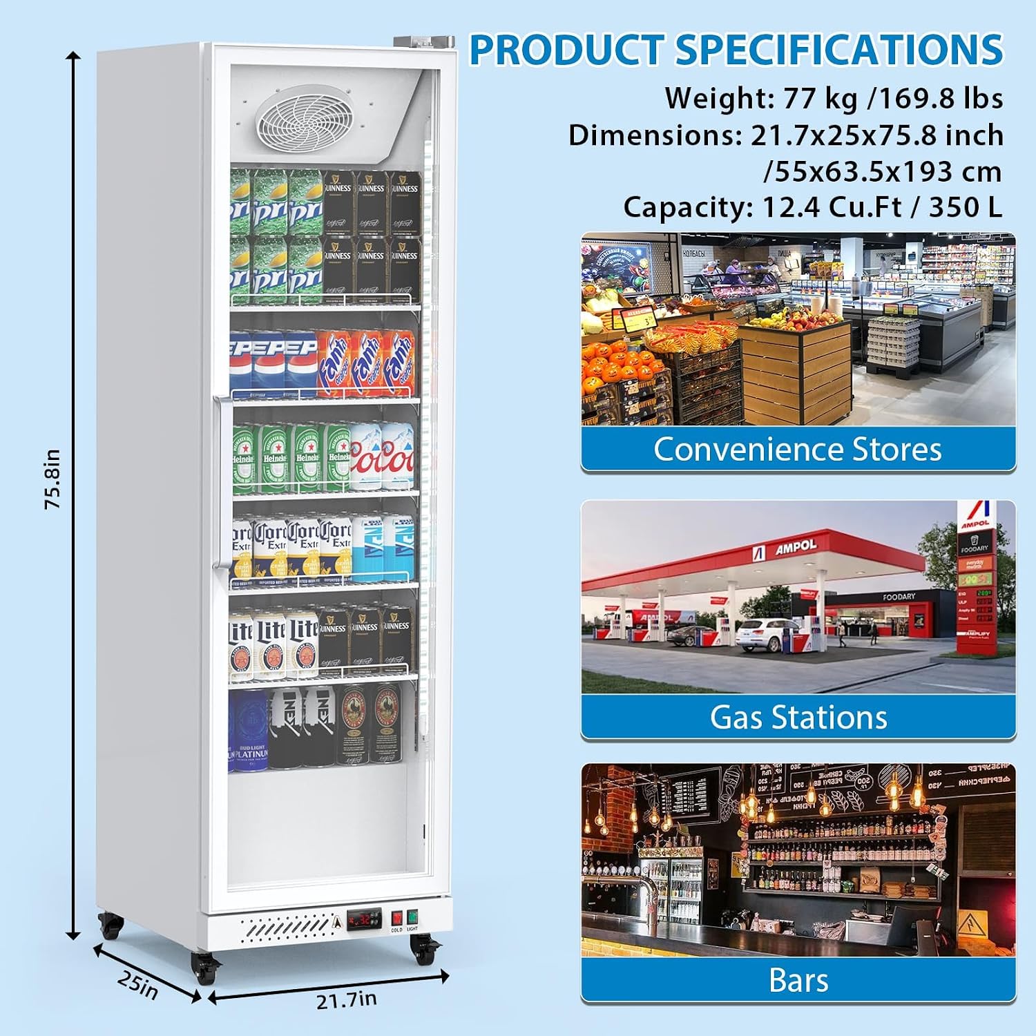 IDEALHOUSE Commercial Refrigerators, 12.4 Cu.Ft Beverage Cooler, Commercial Fridge with Glass Door Display, LED Light Adjustable Shelves Drink Cooler for Restaurant Grocery Store Home, White