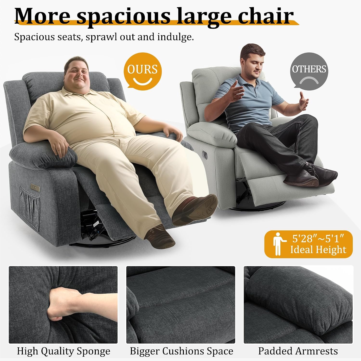 Korser Power Recliner Chair, Electric Rocker Recliner with Massage and Heat, 270° Swivel Glider, Oversized Wide Seat with USB Port, Cashmere Nursery Chair for Living Room, Grey