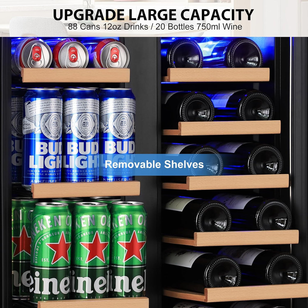 ORYMUSE 24 Inch Dual Zone Wine and Beverage Refrigerator, Built-in or Freestanding Cooler with French Doors, Drink Fridge with Upgraded Compressor for Beer, Wine, and Soda