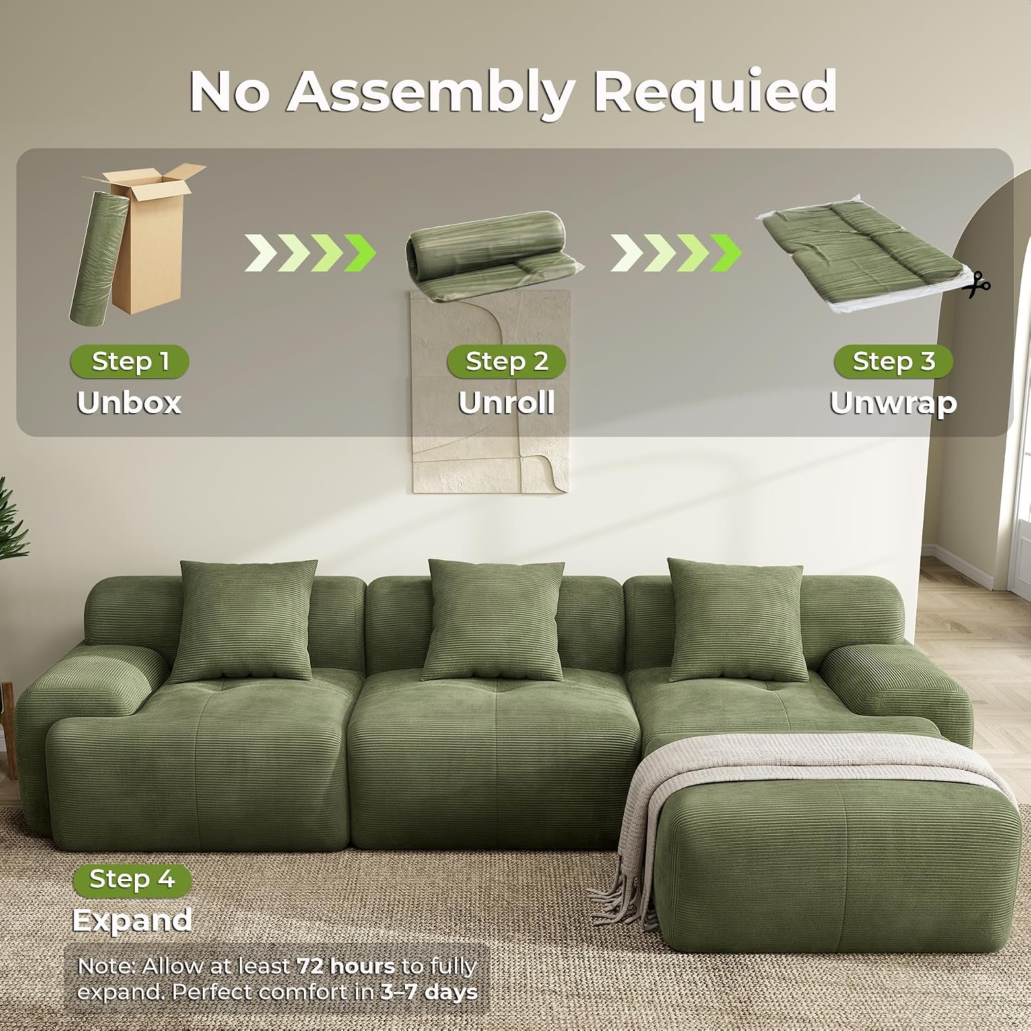LIKIMIO LumiCord Modular Sectional Sofa with Ottoman, 118' L-Shaped Boneless Couch for Living Room, Oversized Deep Seat with Corduroy Upholstery, No Assembly Required, Olive Green