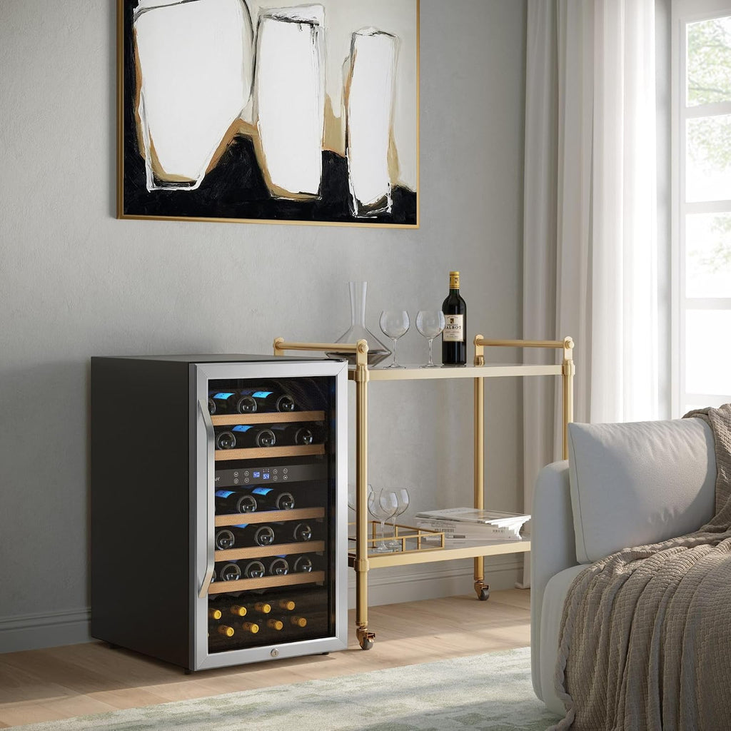 EdgeStar CWF380DZ 20 Inch Wide 38 Bottle Capacity Free Standing Wine Cooler with Dual Zones, LED Lighting and Reversible Door - Stainless Steel