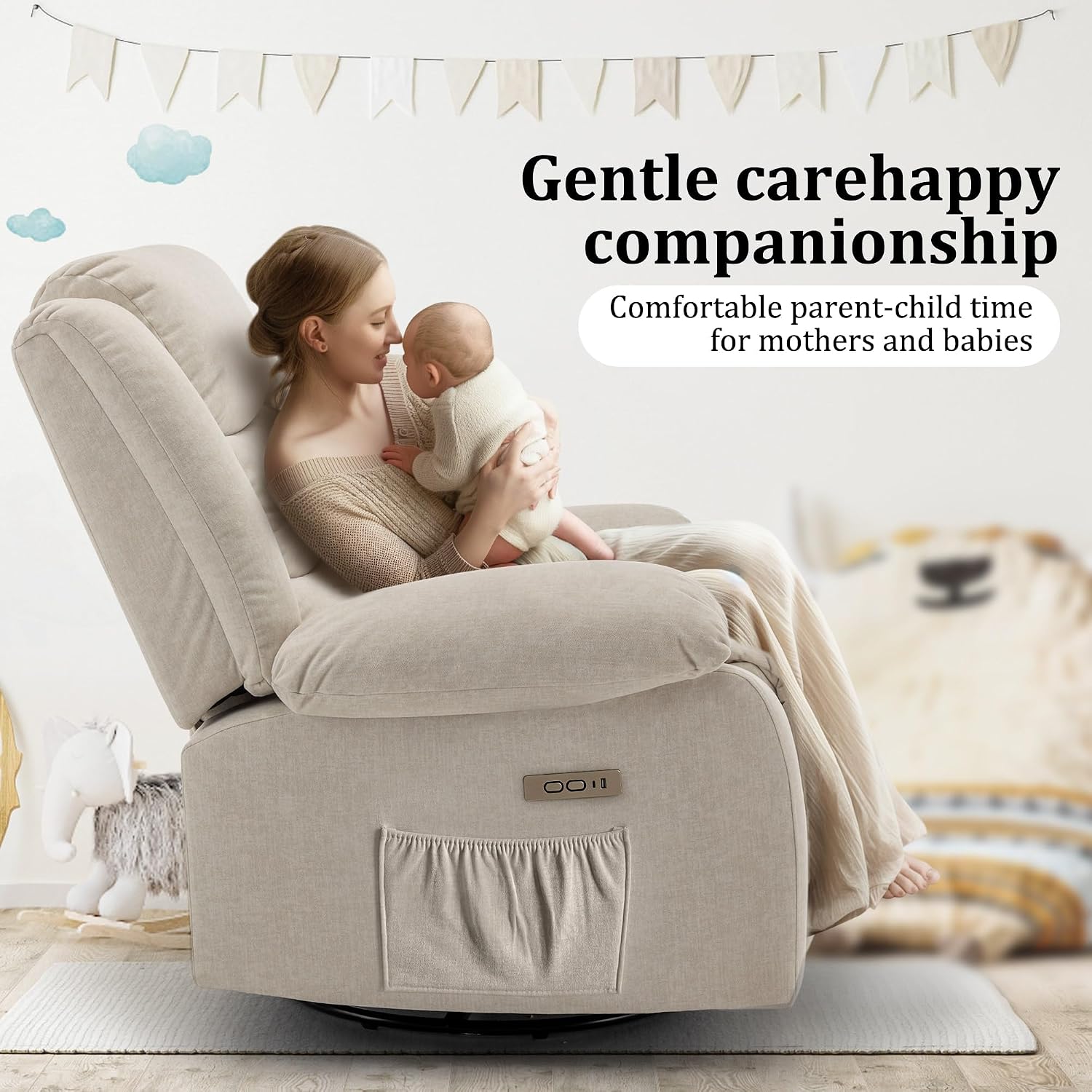 Korser Power Recliner Chair, Electric Rocker Recliner with Massage and Heat, 270° Swivel Glider, Oversized Wide Seat with USB Port, Cashmere Nursery Chair for Living Room, Beige
