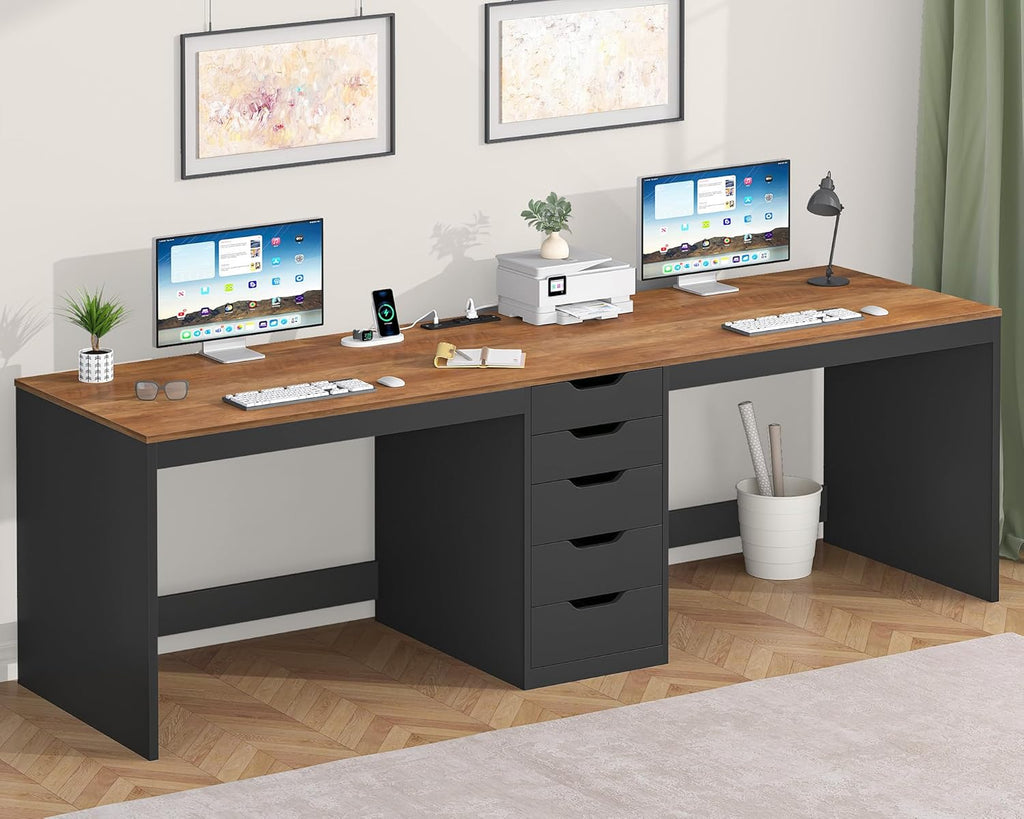 YOMILUVE 2 Person Desk with 5 Drawers and Power Outlets, 78.7 Inch Long Computer Desk with Storage File Cabinet, Two Person Home Office Double Desk with Storage, Brown and Black