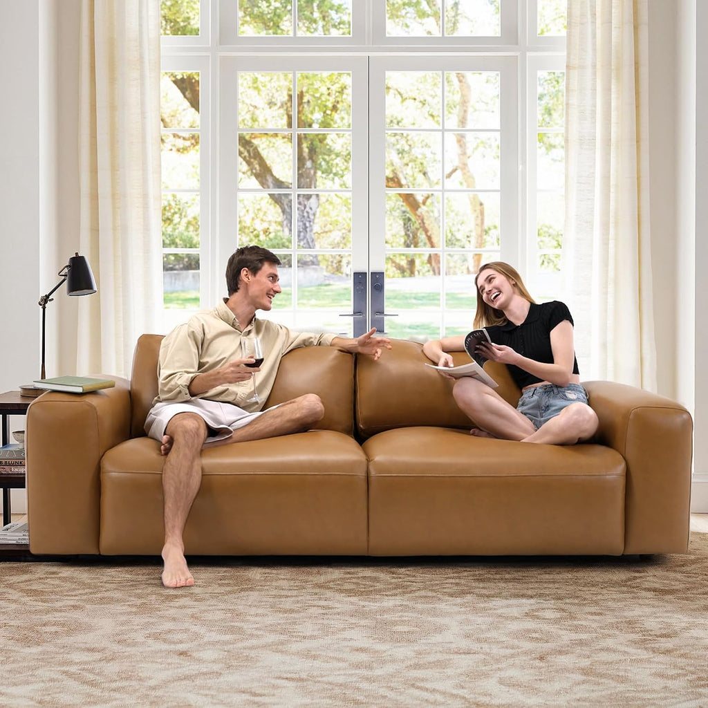COLAMY 95' Oversized PU Leather Sofa, Comfy Sofa Couch with Extra Deep Seats, Wide Arm, Down Filled 3-Seater Sofa for Living Room, Apartment Lounge-Light Brown