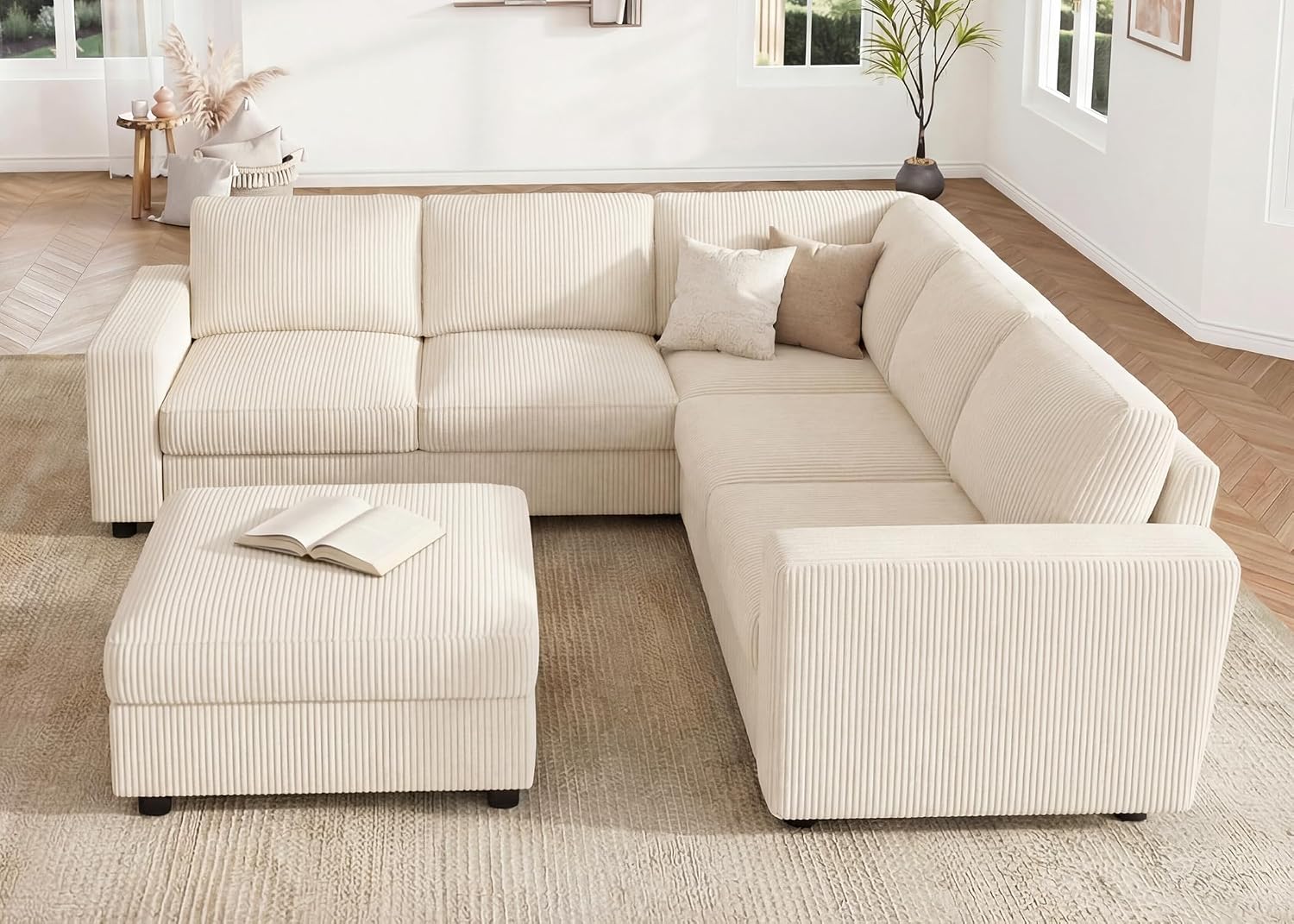HONBAY Corduroy Sectional Couch with Storage L-Shaped Sectional Couches for Living Room 6 Seater Sectional Sofa, Beige