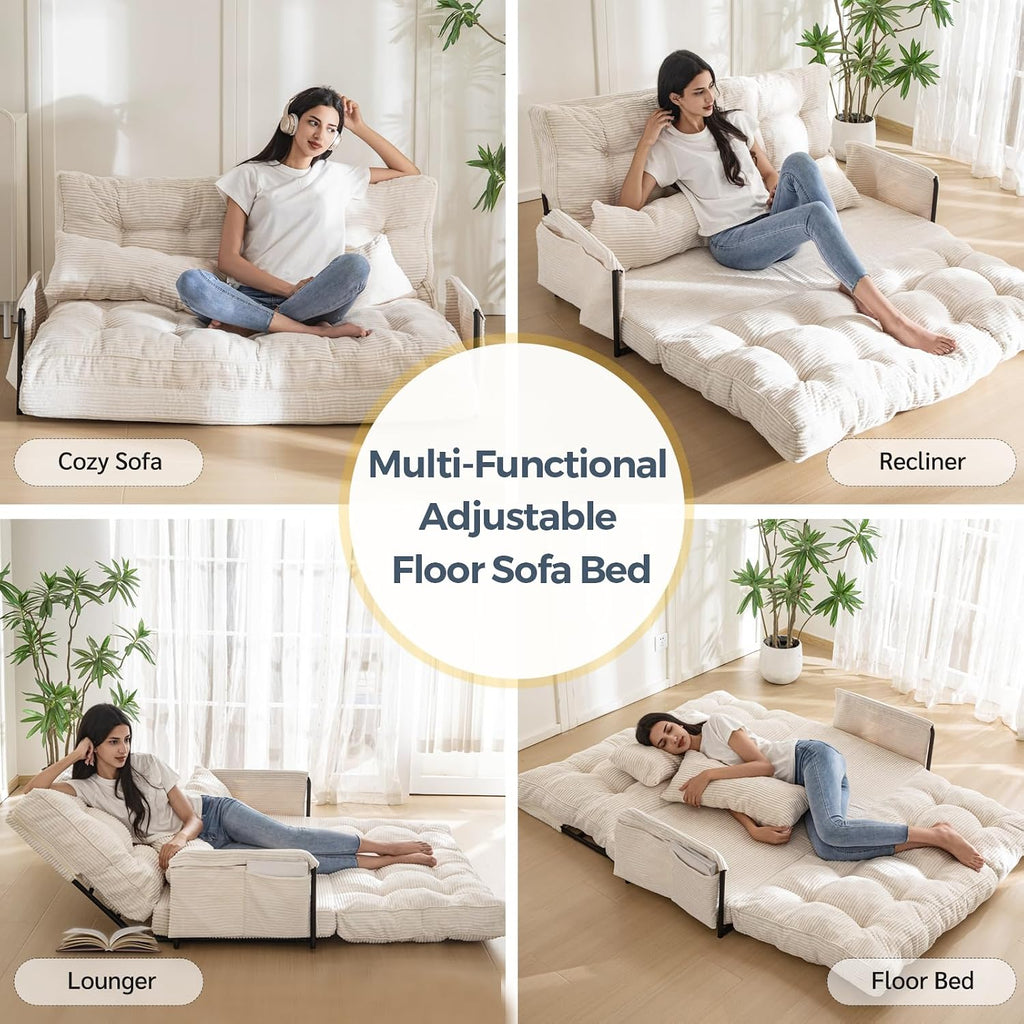 MAXYOYO Adjustable Floor Sofa Couch with 2 Pillows, Multi-Functional Bean Bag Bed, 5-Position Foldable Lazy Sofa Sleeper Bed with Armrest Versatile Floor Seating for Reading Gaming, Beige, Double
