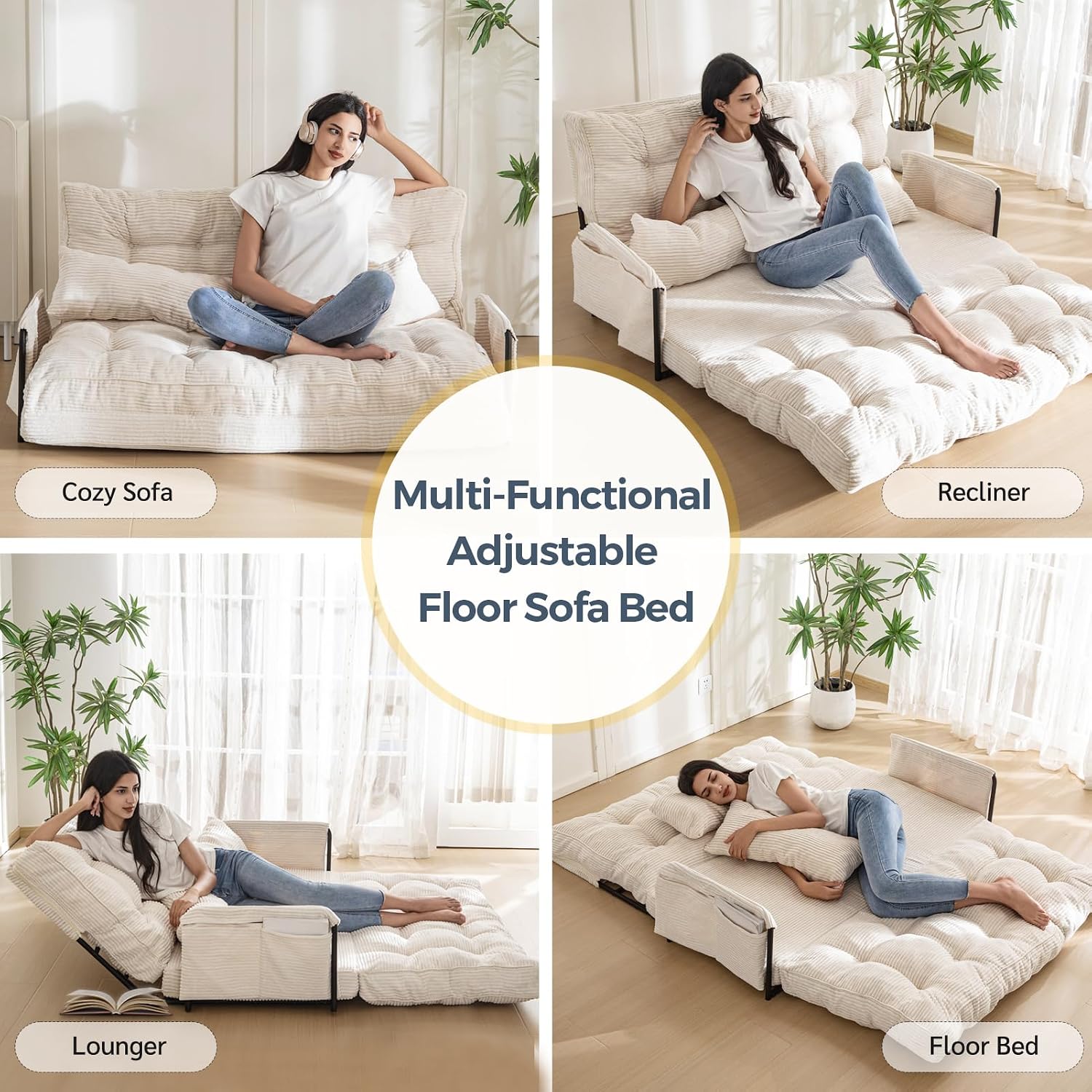 MAXYOYO Adjustable Floor Sofa Couch with 2 Pillows, Multi-Functional Bean Bag Bed, 5-Position Foldable Lazy Sofa Sleeper Bed with Armrest Versatile Floor Seating for Reading Gaming, Beige, Double