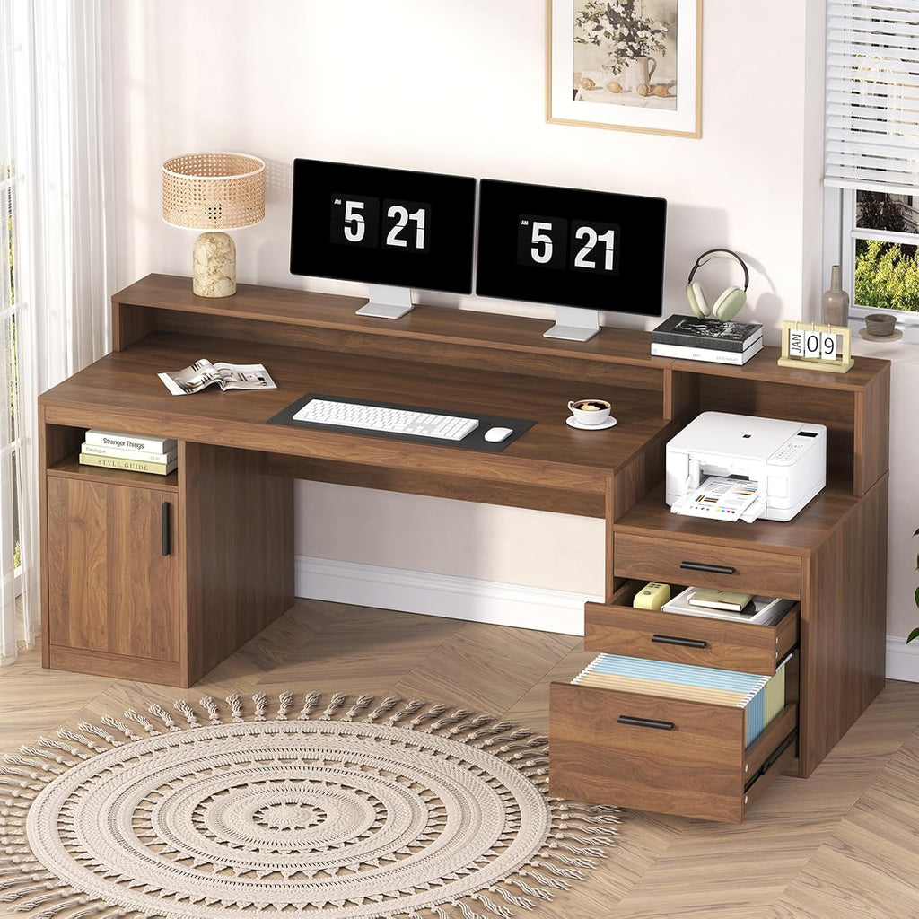 YOMILUVE Computer Desk with 3 Drawers & Storage Shelves, 65 Inch Home Office Desk with File Drawer & Cabinet, Writing Study Desks with Monitor Stand & Printer Shelf, Executive Desk, Brown