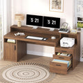YOMILUVE Computer Desk with 3 Drawers & Storage Shelves, 65 Inch Home Office Desk with File Drawer & Cabinet, Writing Study Desks with Monitor Stand & Printer Shelf, Executive Desk, Brown