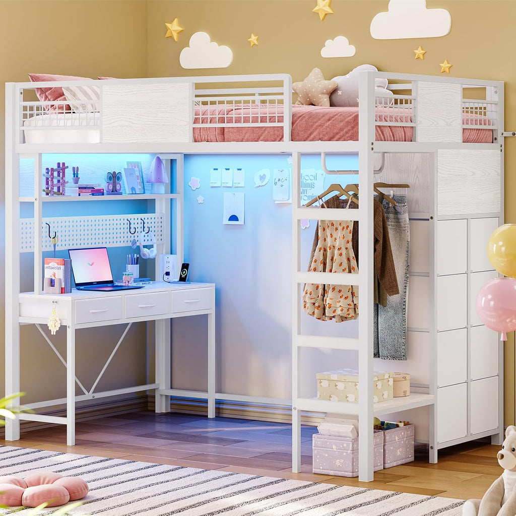 ADORNEVE Twin Size Loft Bed with Desk, 11 Storage Drawers & RGB LED Lights, Metal Loft Bed with Power Outlet, Shelves & Clothing Rack, 13.4' H Safety Guard & Paded Ladder, White