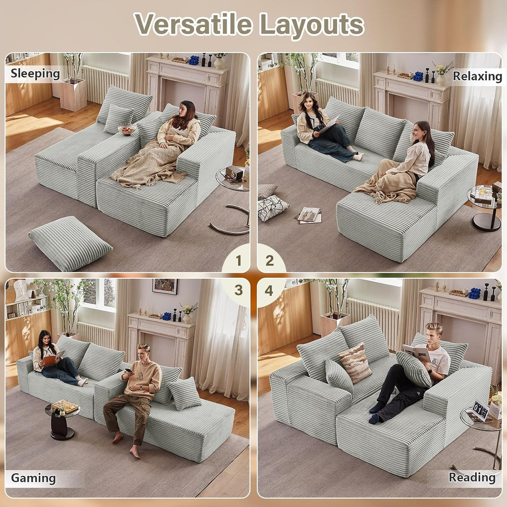 107' Cloud Sectional Couch with L-Shape Chaise, Modern Modular Comfy Sofa Chaise Longue, Upholstered Corduroy Couches Sleeper with Deep Seat for Living Room Bedroom, No Assembly Required, Grey