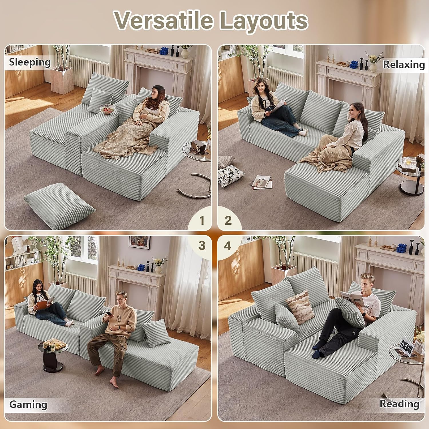 107' Cloud Sectional Couch with L-Shape Chaise, Modern Modular Comfy Sofa Chaise Longue, Upholstered Corduroy Couches Sleeper with Deep Seat for Living Room Bedroom, No Assembly Required, Grey