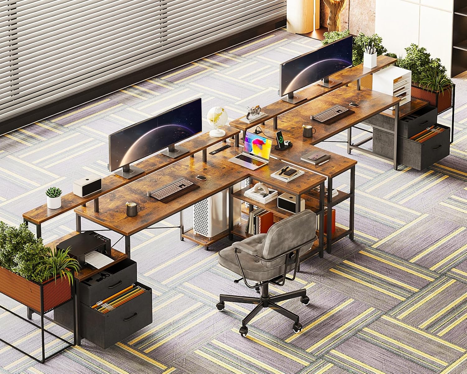 ODK 75' L Shaped Desk with File Drawers, Work from Home Office Desk with Power Outlet, Reversible Computer Desk with Storage Shelves, Gaming Desk with Monitor Shelf, Corner WFM Table, Vintage