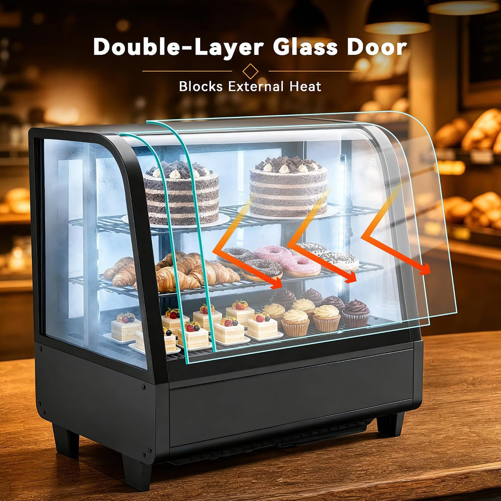 Tylza Commercial Refrigerator Display Case, 3.5 Cu.Ft/100L Countertop Refrigerated Showcase, White LED Lighting, Double Glass Door, 36-54°F, Auto Defrost for Bakery, Cafe, Store