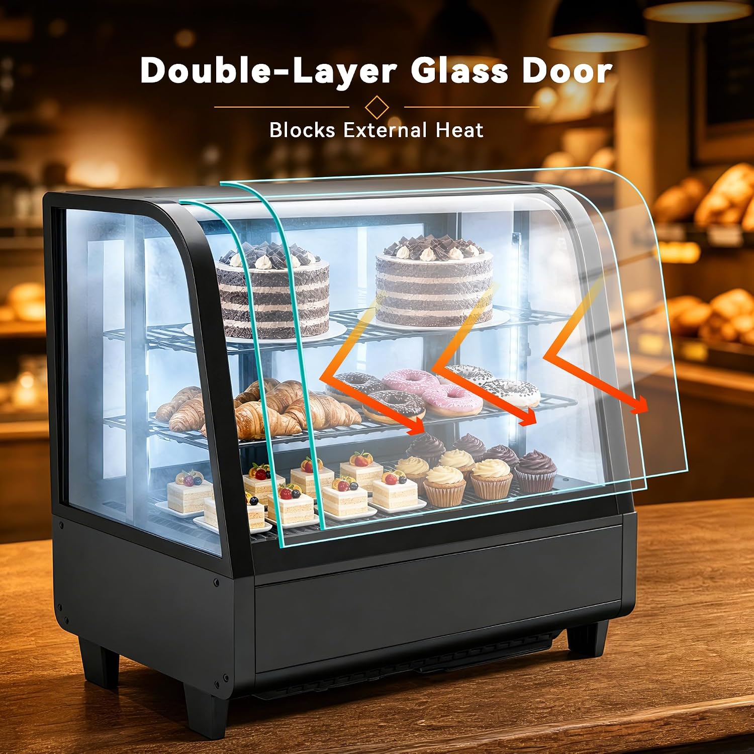 Tylza Commercial Refrigerator Display Case, 3.5 Cu.Ft/100L Countertop Refrigerated Showcase, White LED Lighting, Double Glass Door, 36-54°F, Auto Defrost for Bakery, Cafe, Store